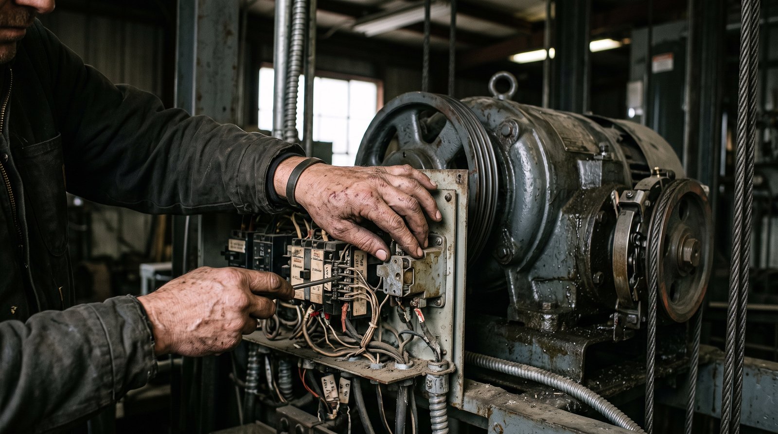 Técnico revisando el motor y el cuadro eléctrico de un ascensor